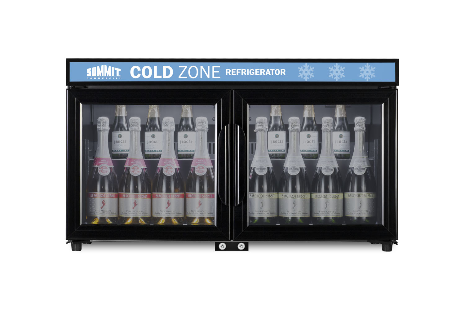 Countertop, shallow depth single-zone commercial refrigerator for freestanding use with French glass doors, black cabinet, front locks, digital controls, and LED lighting